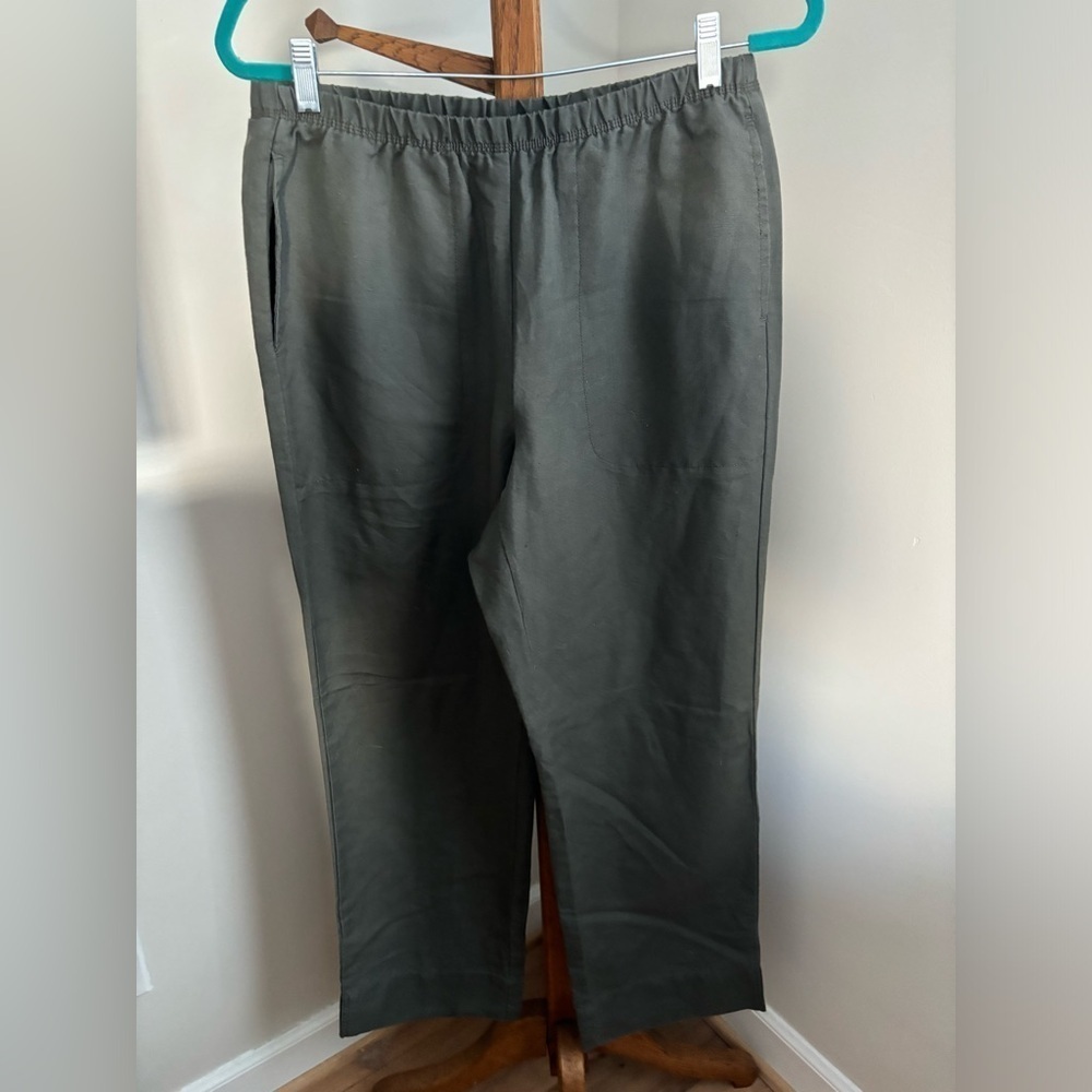 LL Bean Medium Regular Olive Green Straight Leg Pull on Linen Cotton Blend Pants